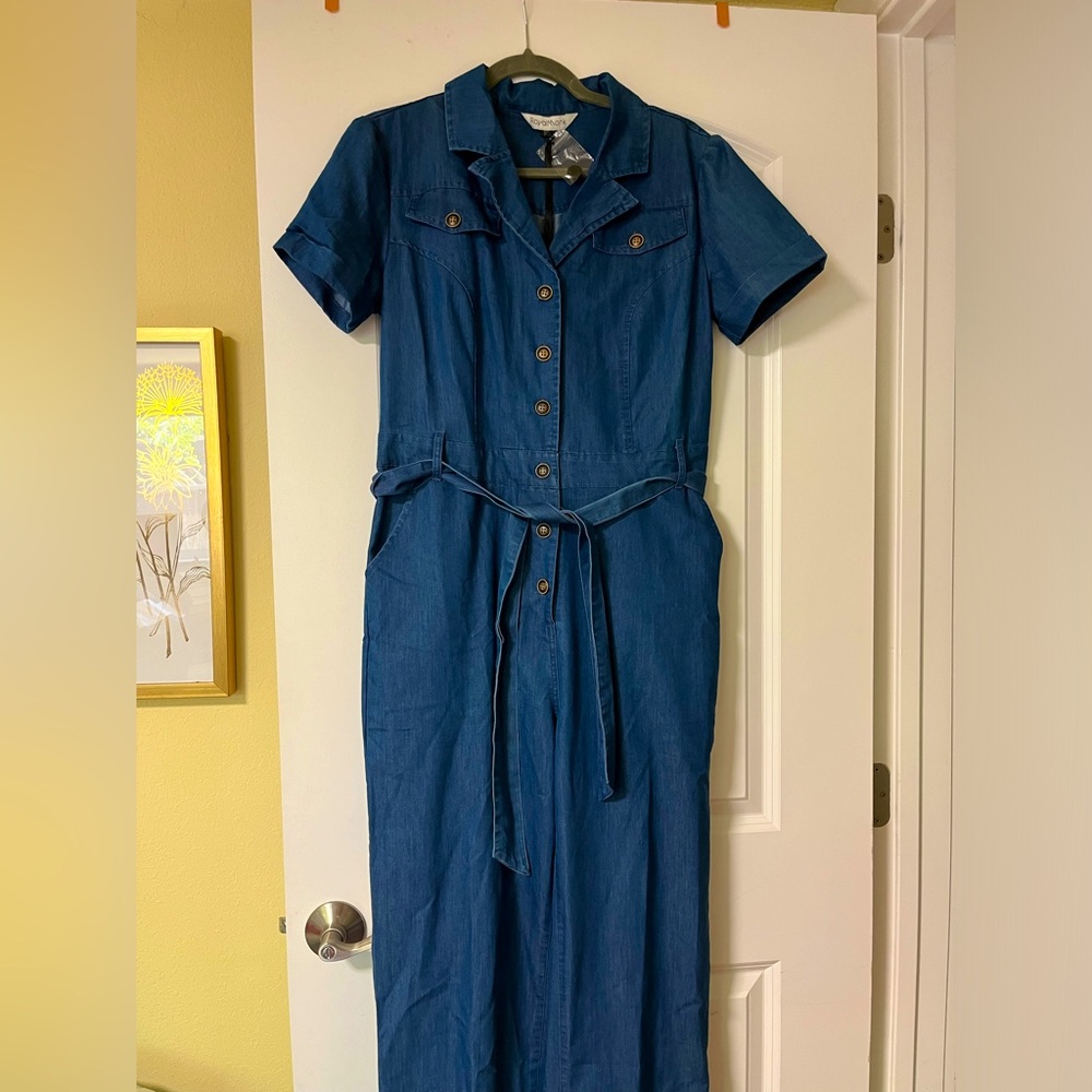 Blue Jean wide leg jumpsuit with button up front